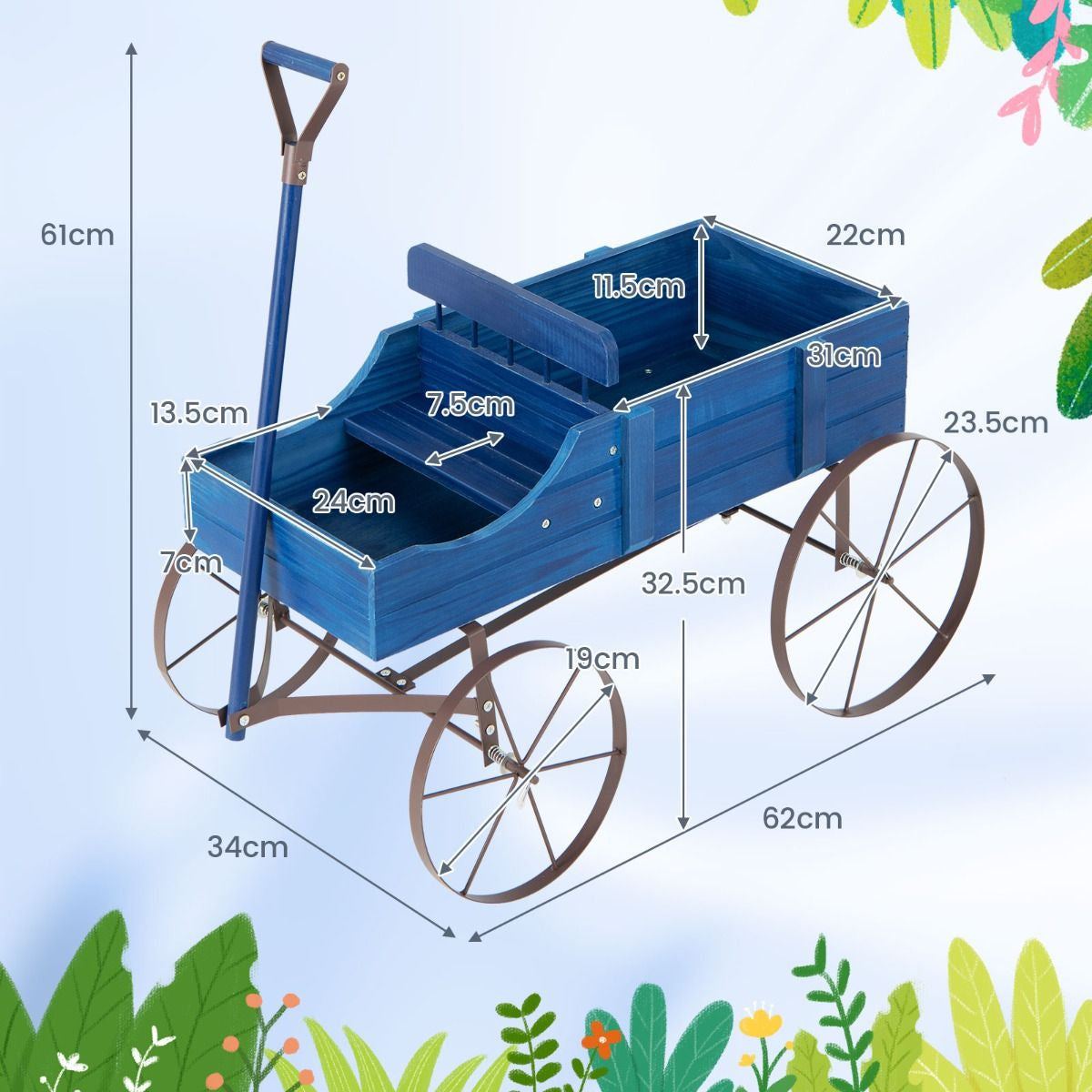 Brouette Décorative En Bois Avec 2 Compartiments À Planter Roues Métalliques Poignée Charge 15Kg Pour Cour Bleu/Café/Gris/Rouge/Vert
