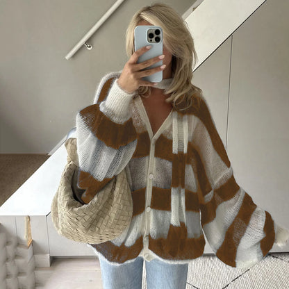 Loose and Idle Striped Sweater Cardigan with Scarf