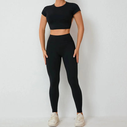 Cross Backless Sporty Set Women 2 Piece Sportswear Short Sleeve Training Suit for Fitness Yoga Wear Female Gym Workout Clothes
