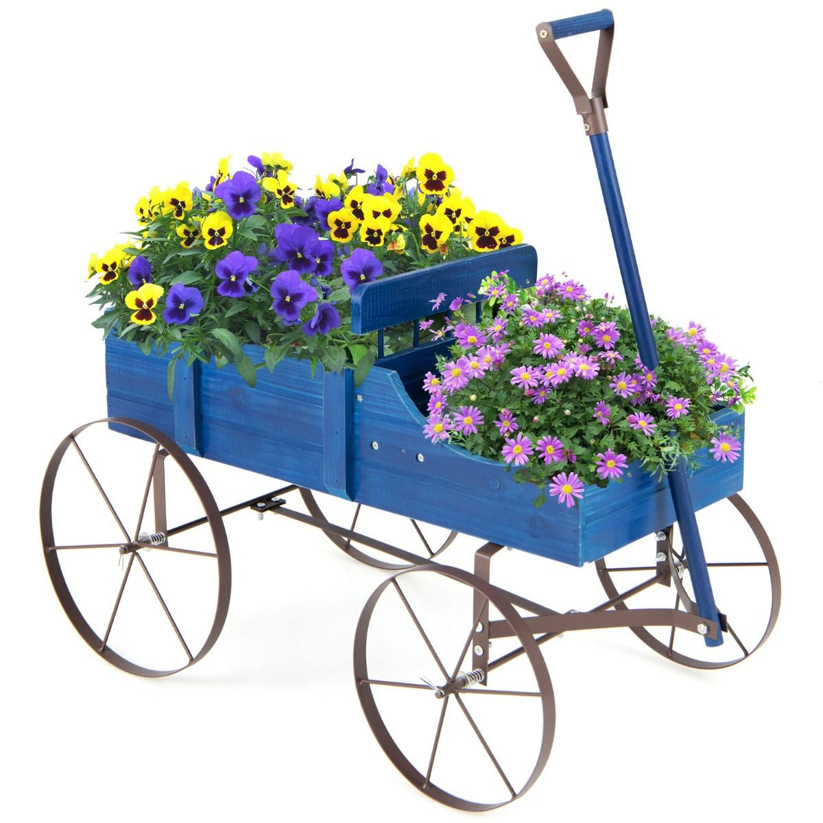 Brouette Décorative En Bois Avec 2 Compartiments À Planter Roues Métalliques Poignée Charge 15Kg Pour Cour Bleu/Café/Gris/Rouge/Vert