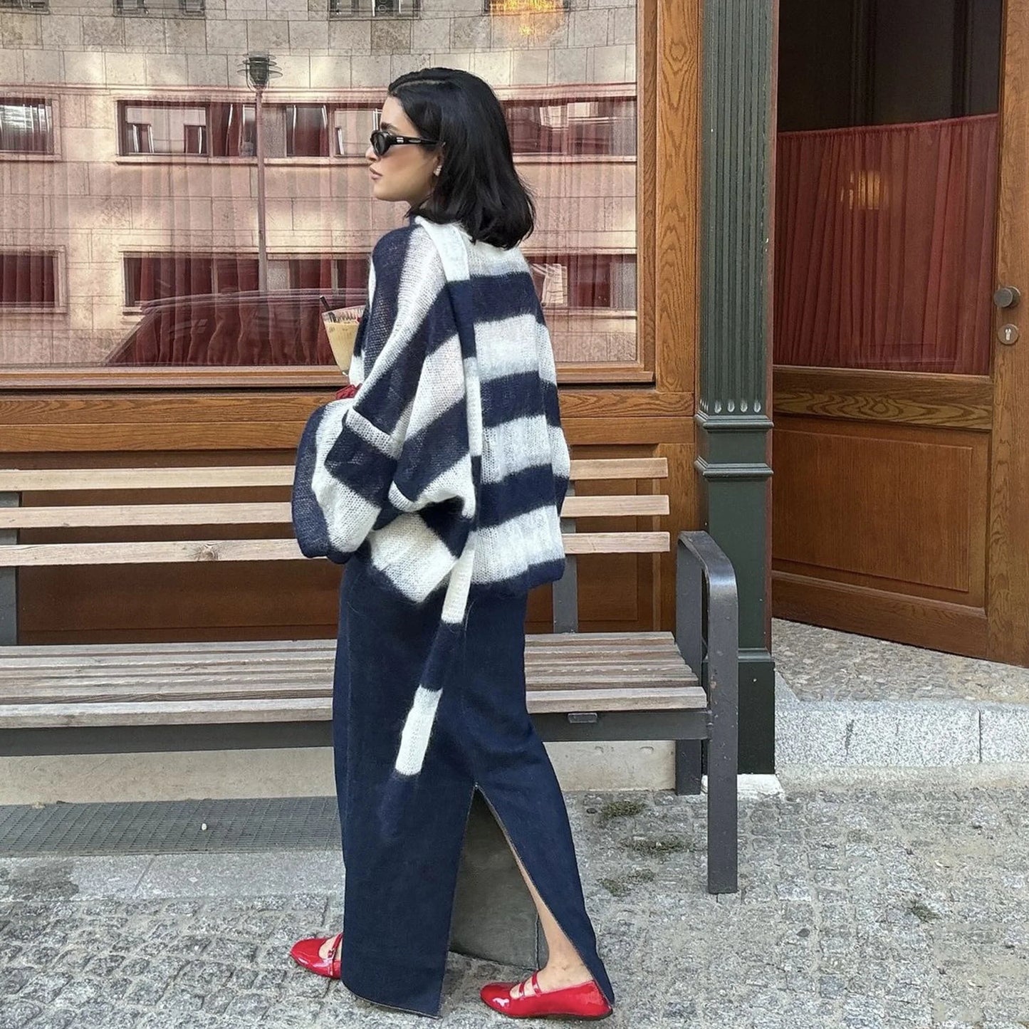 Loose and Idle Striped Sweater Cardigan with Scarf