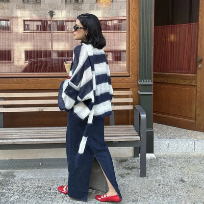 Loose and Idle Striped Sweater Cardigan with Scarf