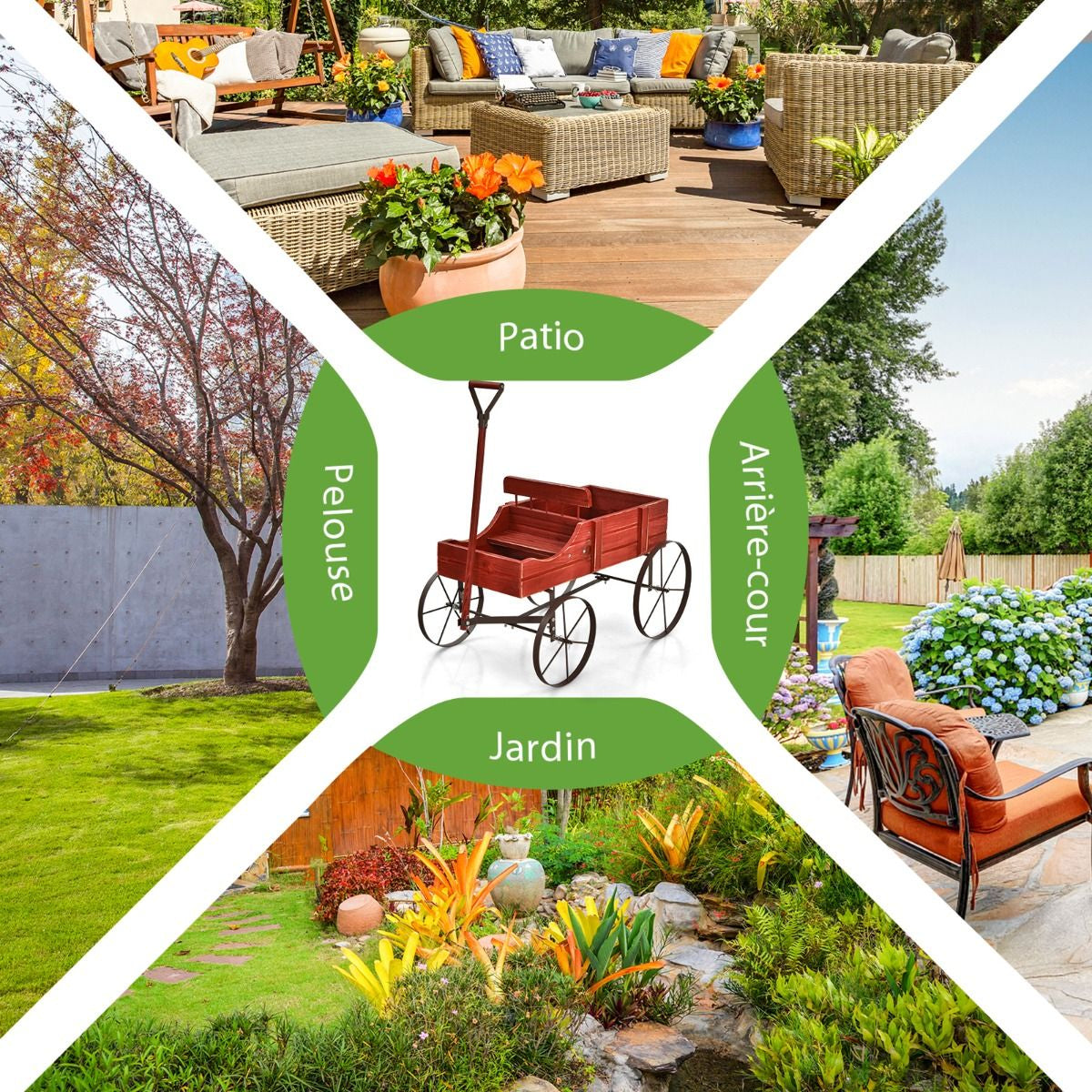 Brouette Décorative En Bois Avec 2 Compartiments À Planter Roues Métalliques Poignée Charge 15Kg Pour Cour Bleu/Café/Gris/Rouge/Vert