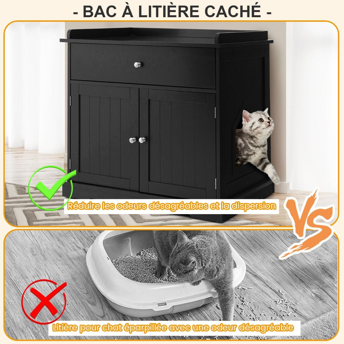 Enceinte De Bac À Litière Pour Chat Meubles De Toilette Cachés Pour Chat Avec Tiroir Et 2 Portes Table D'Appoint Pour Chat Noir