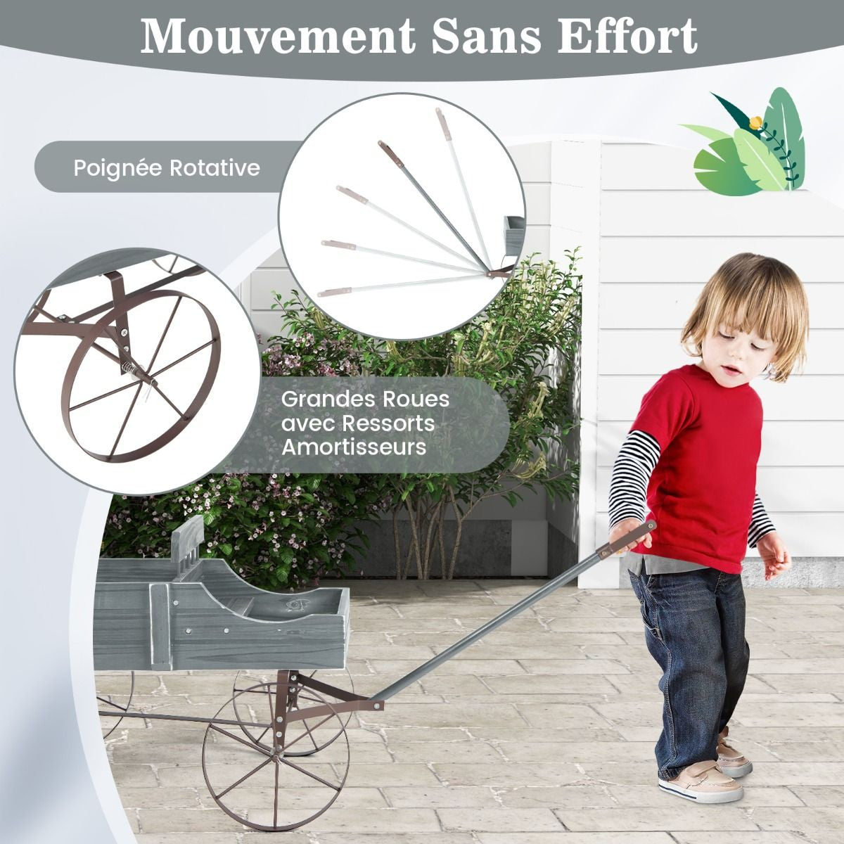 Brouette Décorative En Bois Avec 2 Compartiments À Planter Roues Métalliques Poignée Charge 15Kg Pour Cour Bleu/Café/Gris/Rouge/Vert
