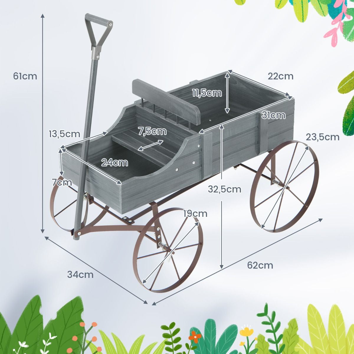 Brouette Décorative En Bois Avec 2 Compartiments À Planter Roues Métalliques Poignée Charge 15Kg Pour Cour Bleu/Café/Gris/Rouge/Vert