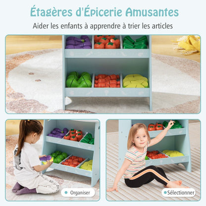 Marchande En Bois Enfant 45 X 24 X 86 CM 36 Légumes Panneau Publicitaire Rideaux Et Fruits Auvent Mignon 3 Ans+ Bleu/Rose