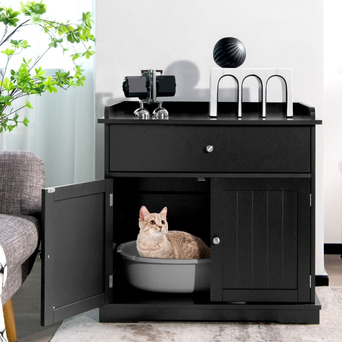 Enceinte De Bac À Litière Pour Chat Meubles De Toilette Cachés Pour Chat Avec Tiroir Et 2 Portes Table D'Appoint Pour Chat Noir