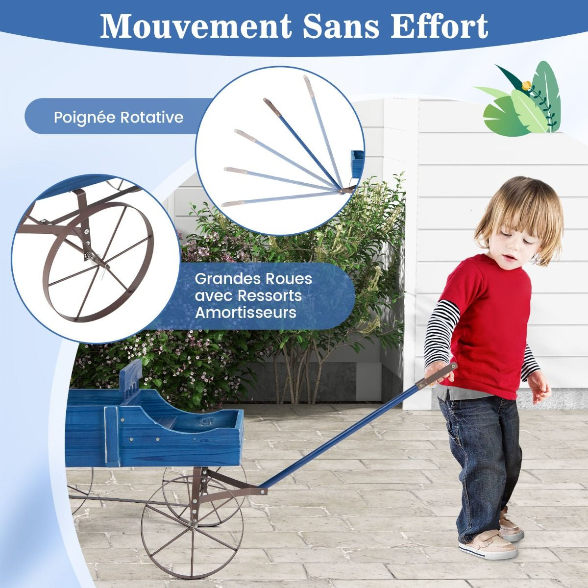 Brouette Décorative En Bois Avec 2 Compartiments À Planter Roues Métalliques Poignée Charge 15Kg Pour Cour Bleu/Café/Gris/Rouge/Vert
