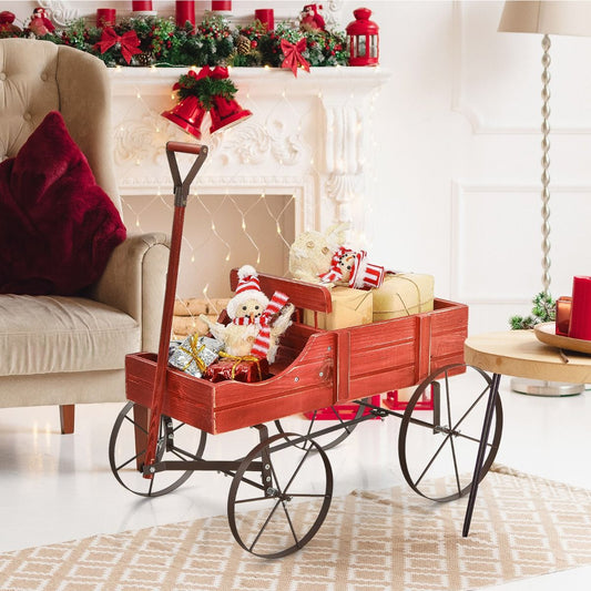 Brouette Décorative En Bois Avec 2 Compartiments À Planter Roues Métalliques Poignée Charge 15Kg Pour Cour Bleu/Café/Gris/Rouge/Vert