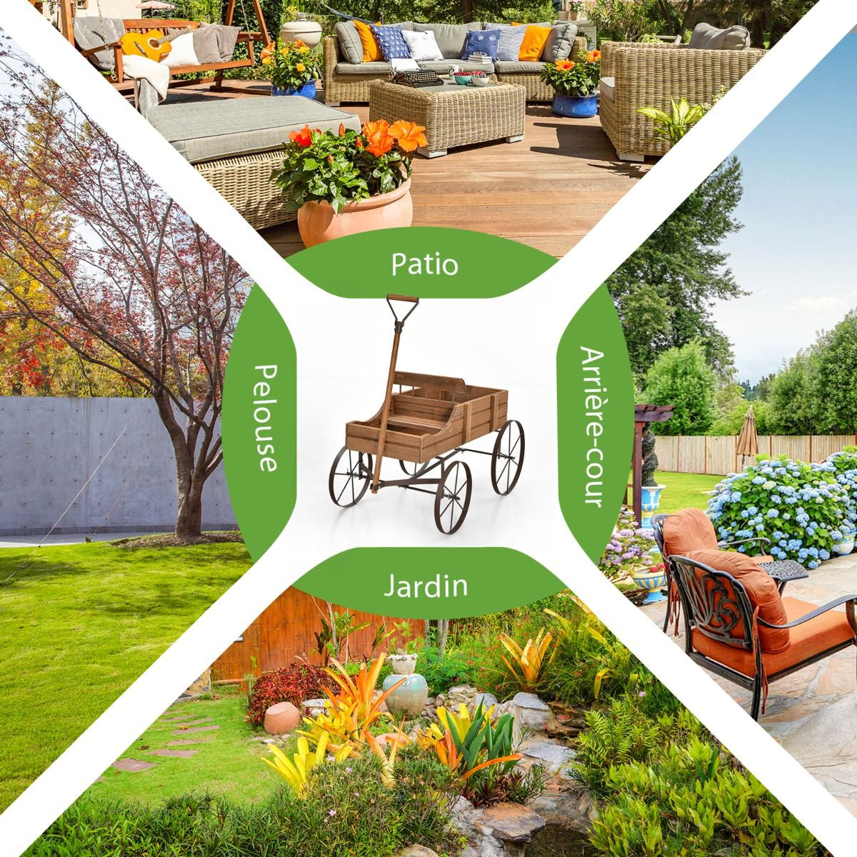 Brouette Décorative En Bois Avec 2 Compartiments À Planter Roues Métalliques Poignée Charge 15Kg Pour Cour Bleu/Café/Gris/Rouge/Vert