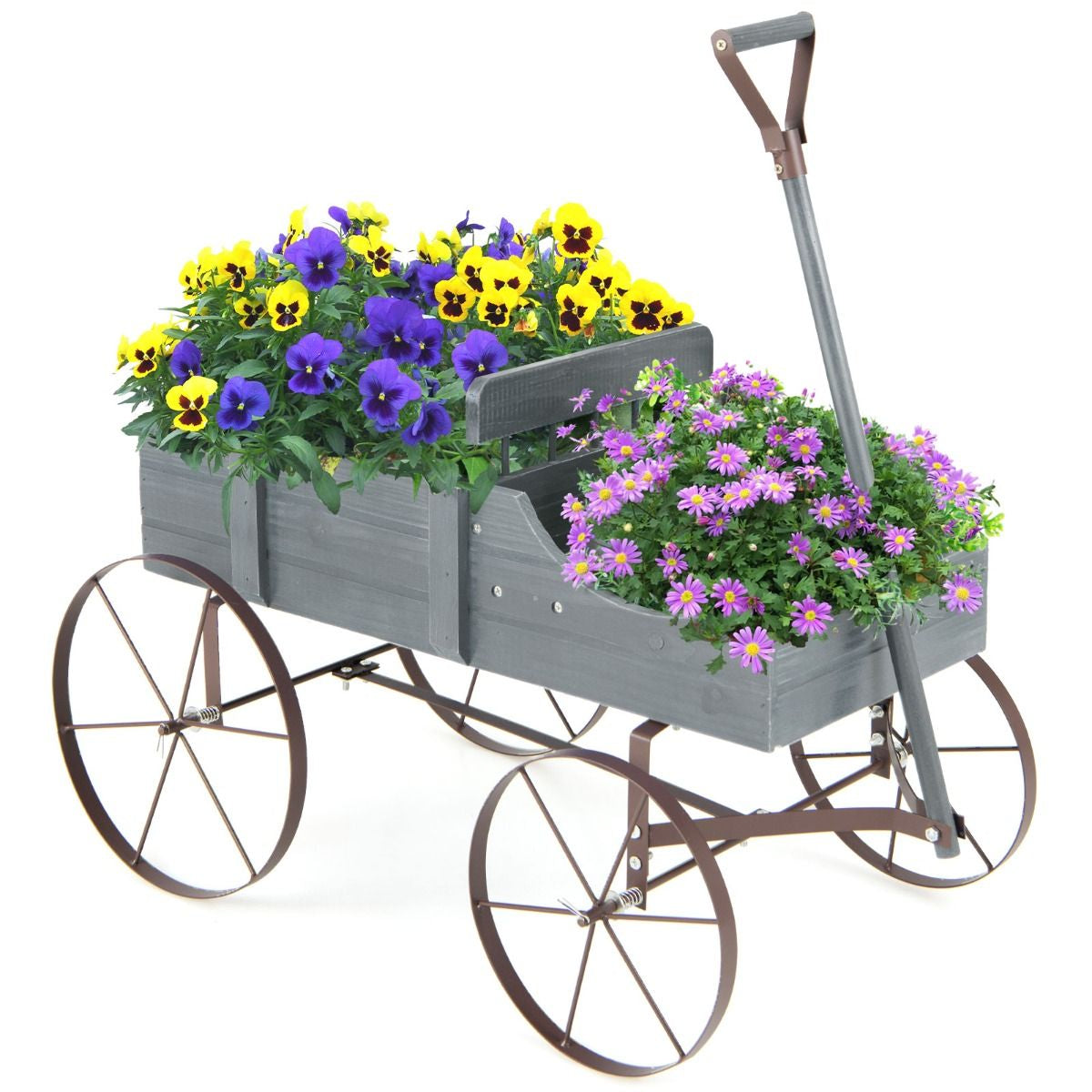 Brouette Décorative En Bois Avec 2 Compartiments À Planter Roues Métalliques Poignée Charge 15Kg Pour Cour Bleu/Café/Gris/Rouge/Vert