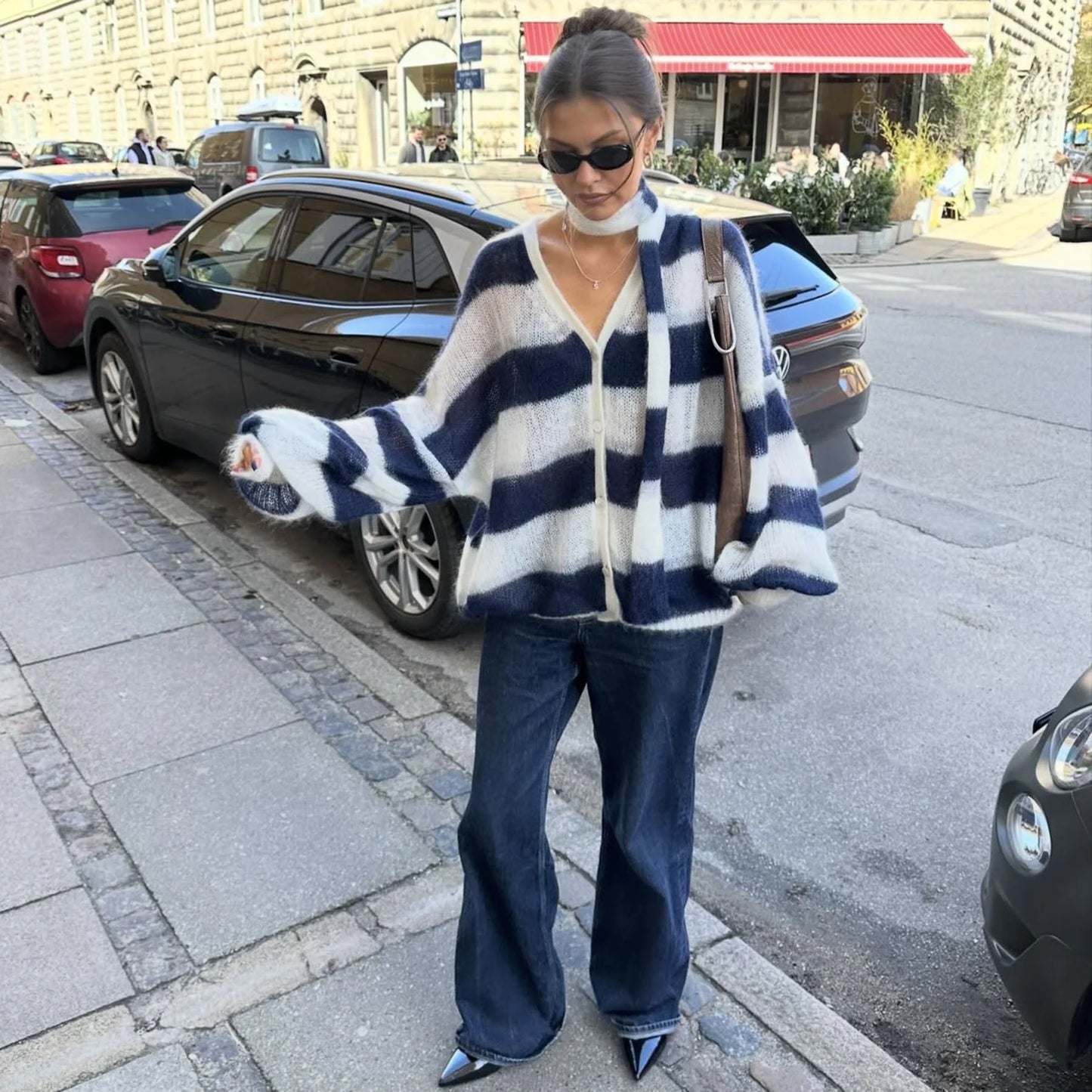 Loose and Idle Striped Sweater Cardigan with Scarf