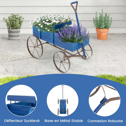 Brouette Décorative En Bois Avec 2 Compartiments À Planter Roues Métalliques Poignée Charge 15Kg Pour Cour Bleu/Café/Gris/Rouge/Vert