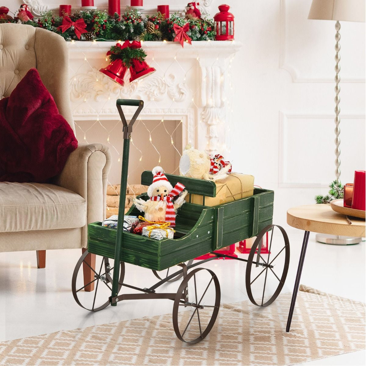 Brouette Décorative En Bois Avec 2 Compartiments À Planter Roues Métalliques Poignée Charge 15Kg Pour Cour Bleu/Café/Gris/Rouge/Vert