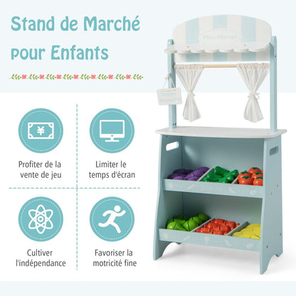 Marchande En Bois Enfant 45 X 24 X 86 CM 36 Légumes Panneau Publicitaire Rideaux Et Fruits Auvent Mignon 3 Ans+ Bleu/Rose