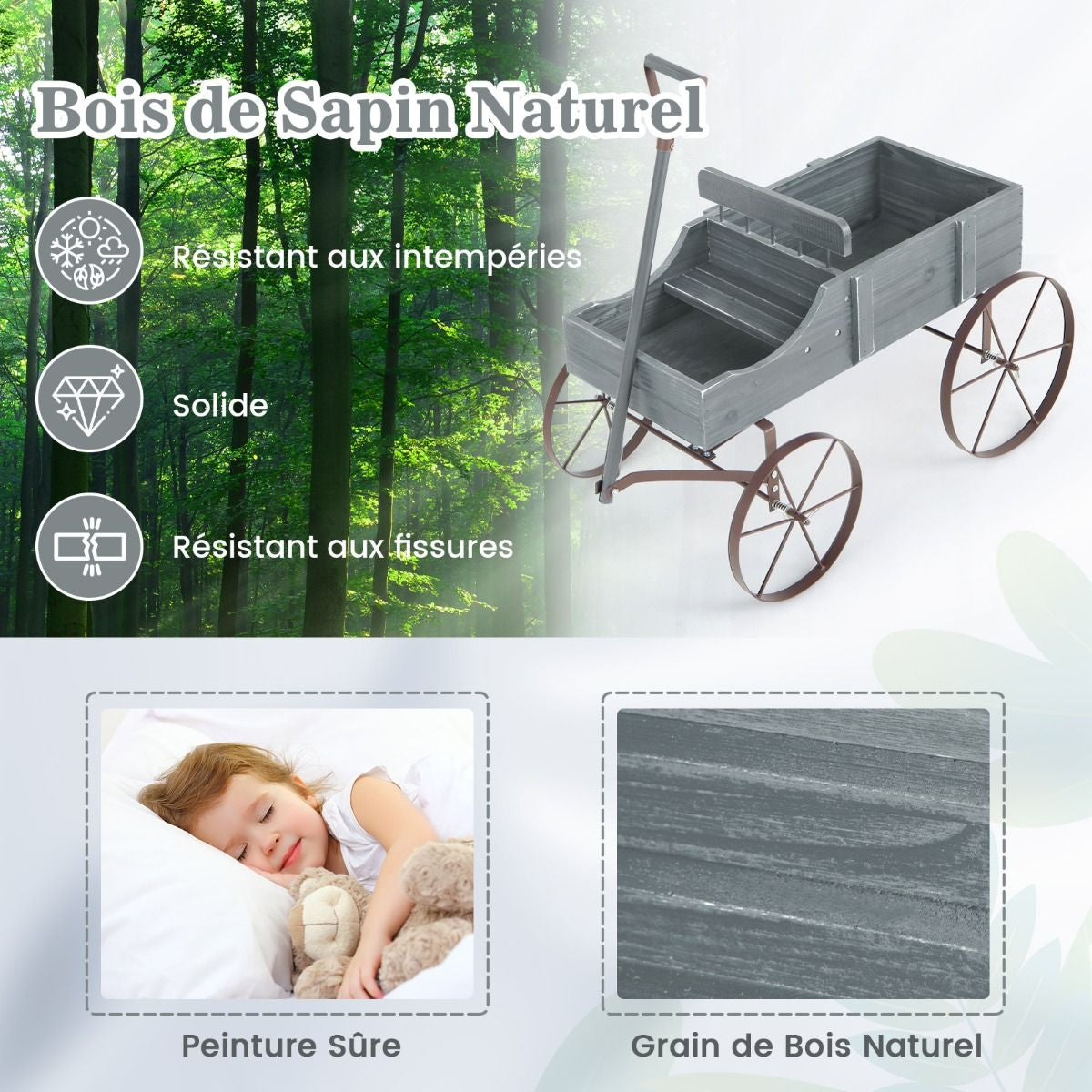 Brouette Décorative En Bois Avec 2 Compartiments À Planter Roues Métalliques Poignée Charge 15Kg Pour Cour Bleu/Café/Gris/Rouge/Vert