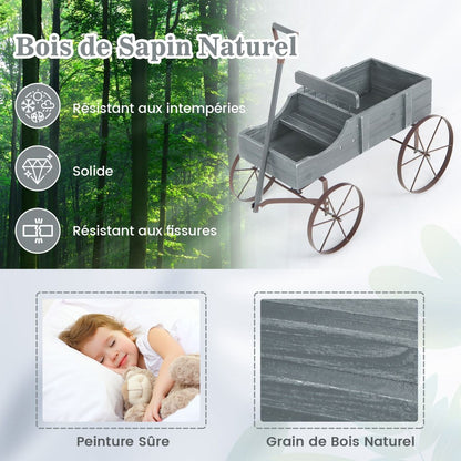 Brouette Décorative En Bois Avec 2 Compartiments À Planter Roues Métalliques Poignée Charge 15Kg Pour Cour Bleu/Café/Gris/Rouge/Vert