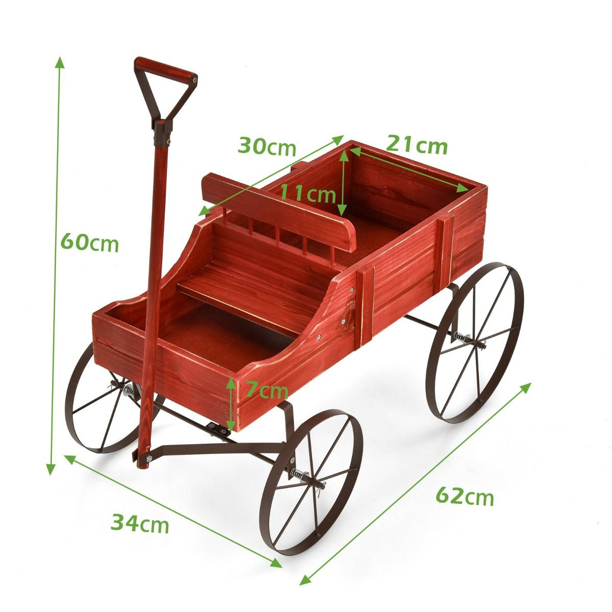 Brouette Décorative En Bois Avec 2 Compartiments À Planter Roues Métalliques Poignée Charge 15Kg Pour Cour Bleu/Café/Gris/Rouge/Vert